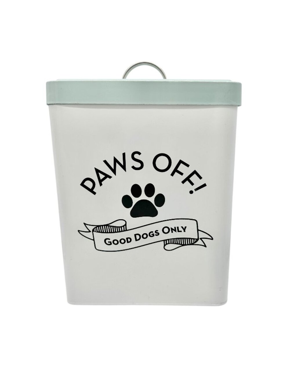 Paws Off Dog Treat Canister White with Blue Lid 9x7x6 Metal Storage for Pet Food
